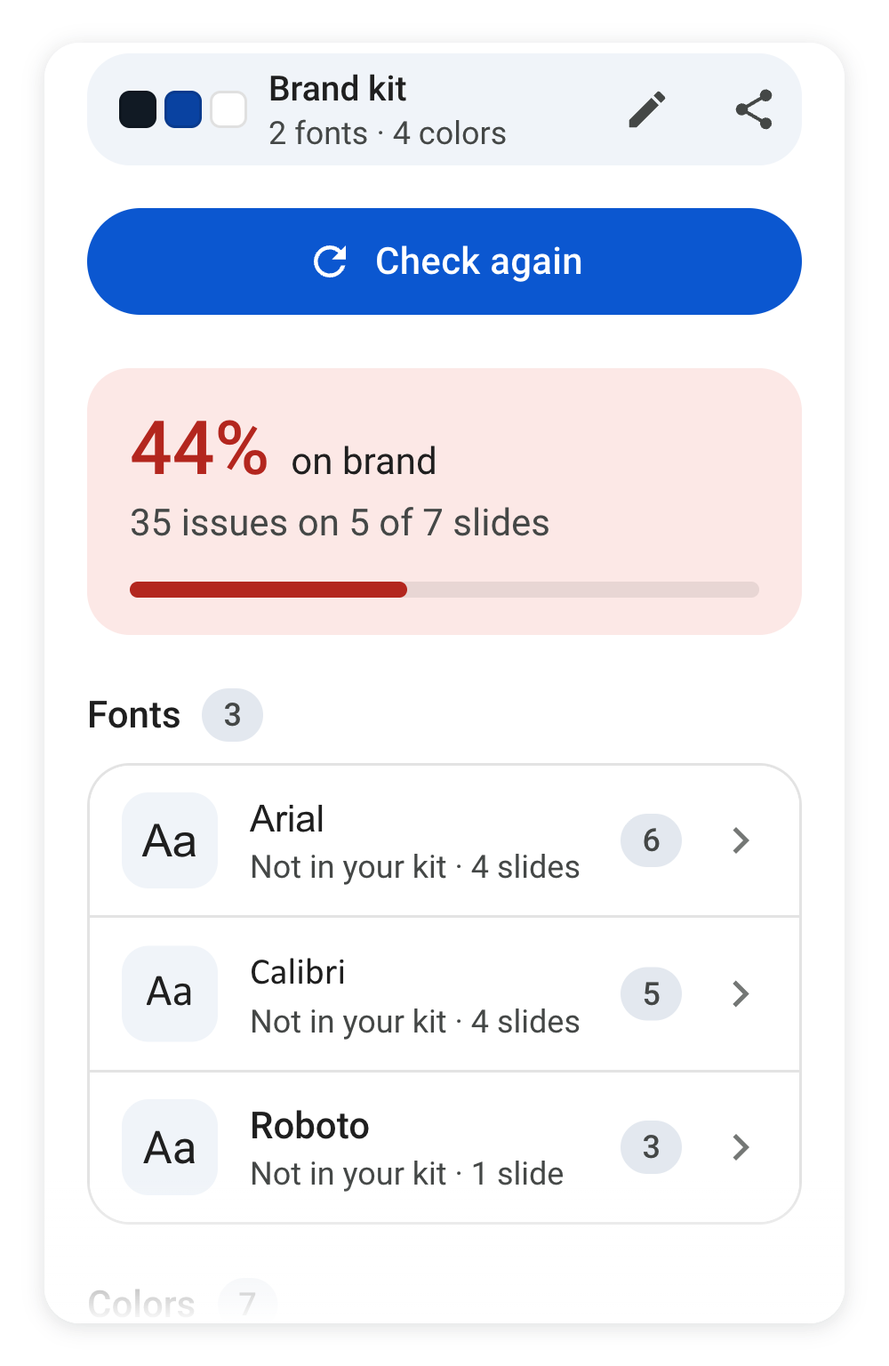 The Decksure sidebar: 44% on brand, with off-brand fonts and colors listed