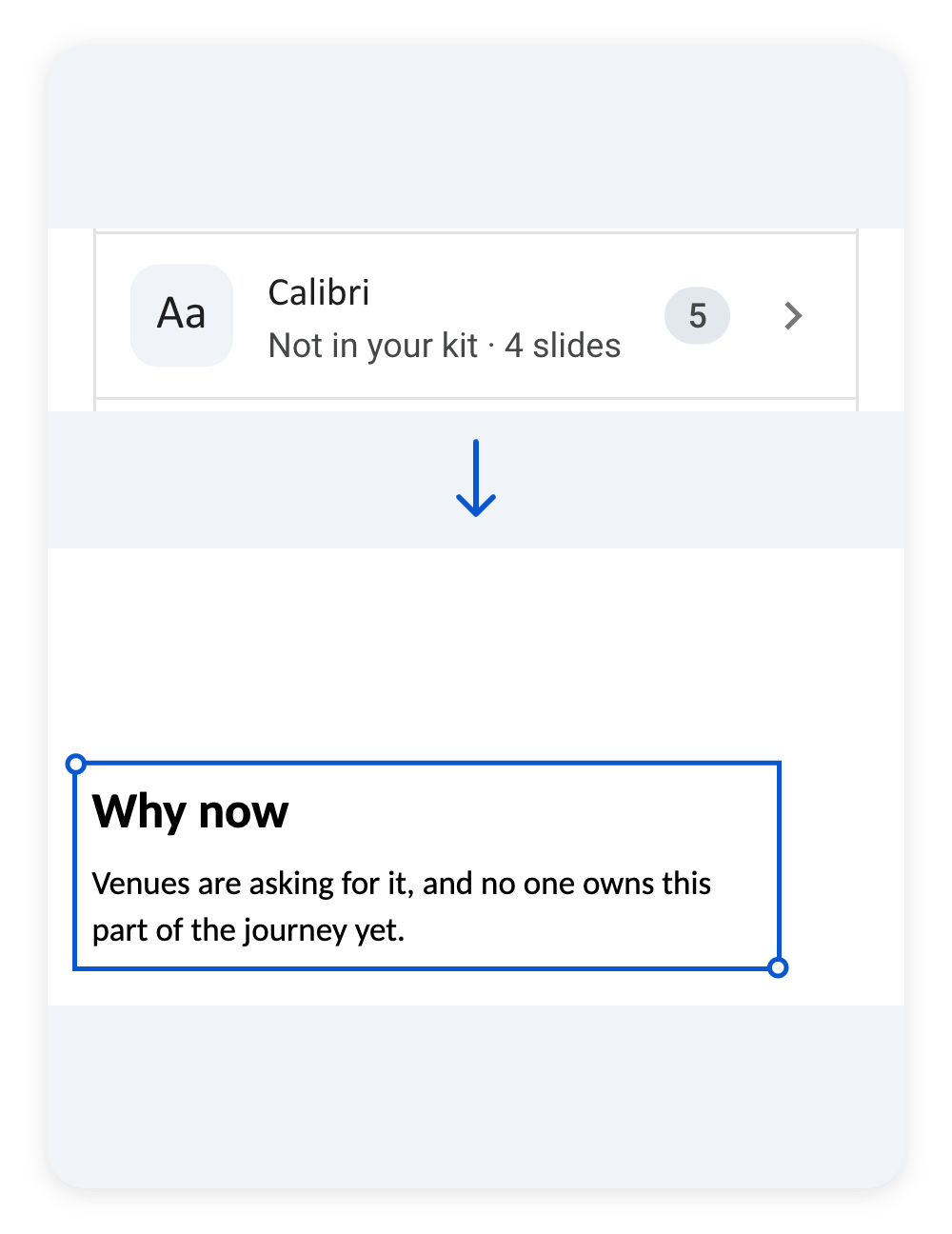 Clicking the Calibri issue in Decksure selects the text in Calibri on the slide