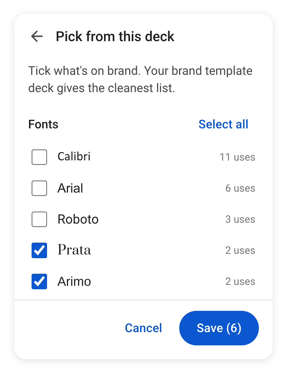 Decksure's pick list: fonts and colors found in the deck, with the brand ones ticked
